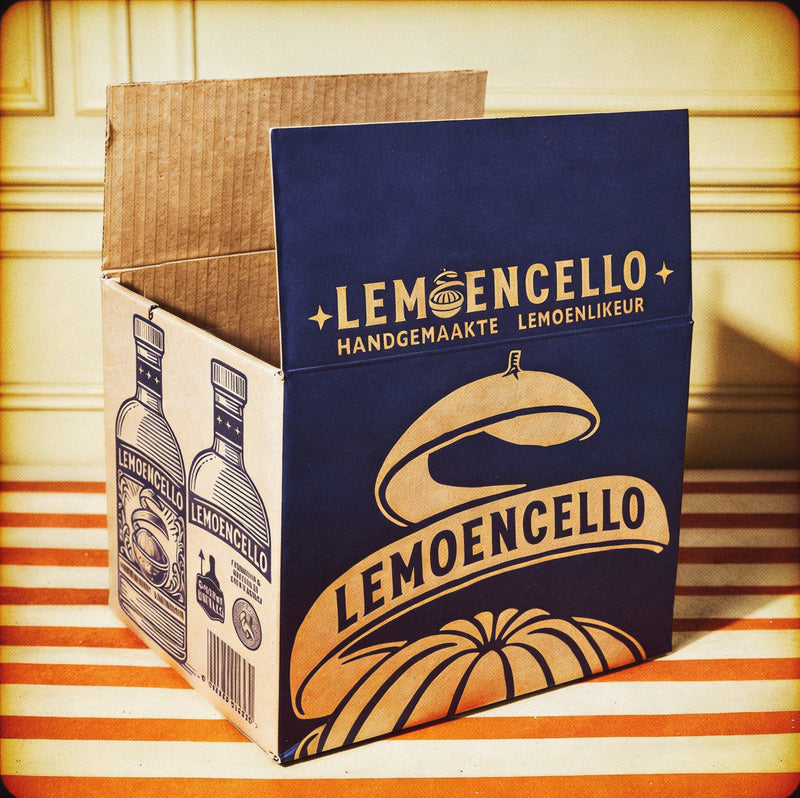 Lemoencello packaging with a bottle illustration on a striped surface