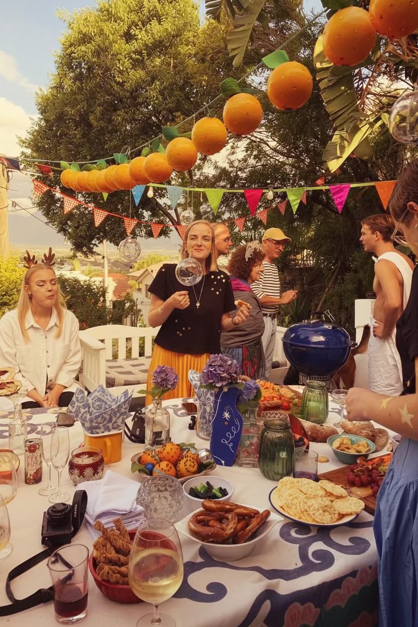 Outdoor gathering with people around a table set for a meal, decorated with colorful balloons and flags.