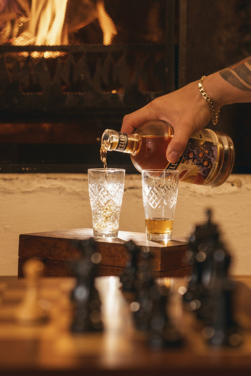 Person pouring Lemoencello into two glasses with a fireplace in the background