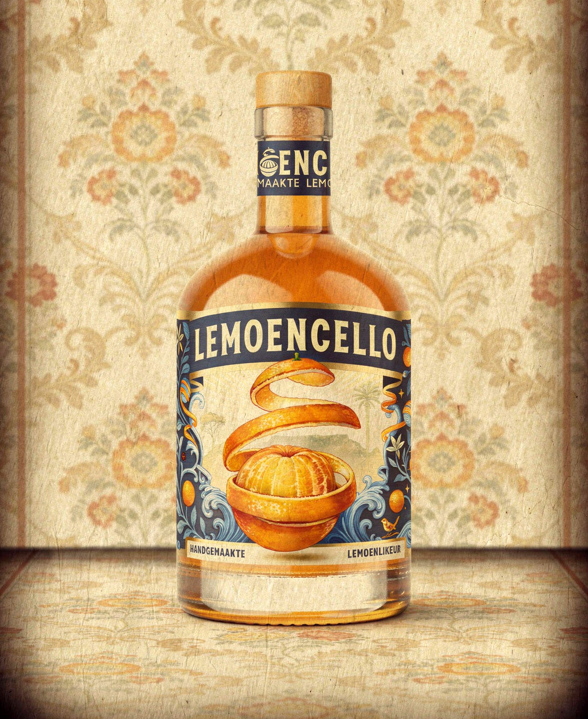 Bottle of Lemoencello against a floral vintage wallpaper background