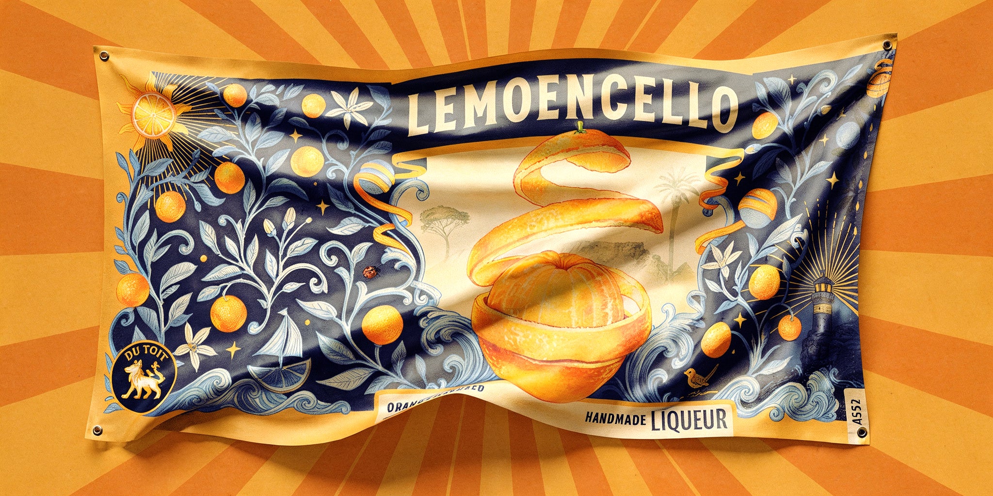 Lemoncello product packaging with decorative design on a sunburst background